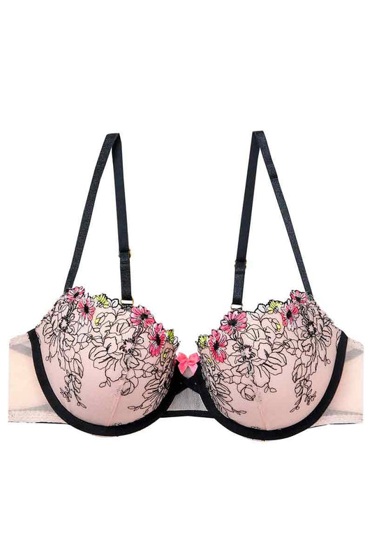 Floral Tattoo Embroidered Balcony Bra Set