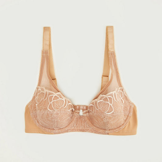 Lace Detailed Padded Plunge Bra with Hook and Eye Closure