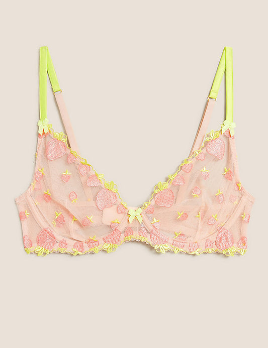 Strawberry Embroidered Plunge Bra Set