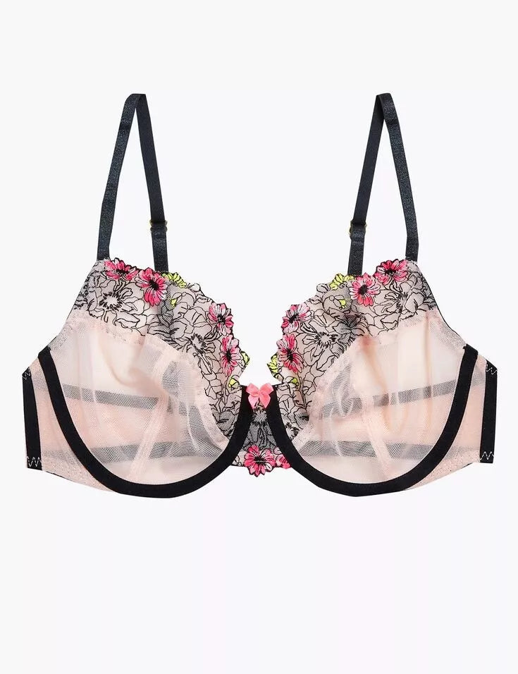 Floral Tattoo Embroidered Balcony Bra