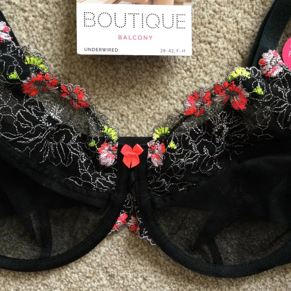 Floral Tattoo Embroidered Balcony Bra