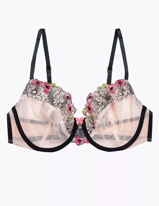 Floral Tattoo Embroidered Balcony Bra Set