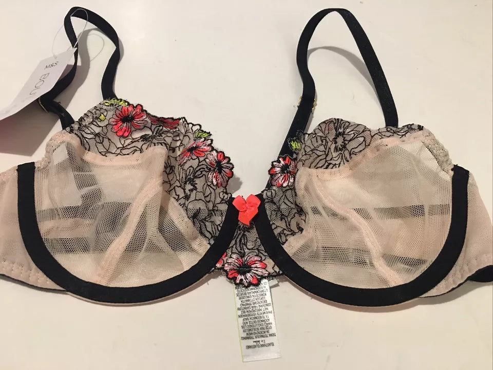 Floral Tattoo Embroidered Balcony Bra Set